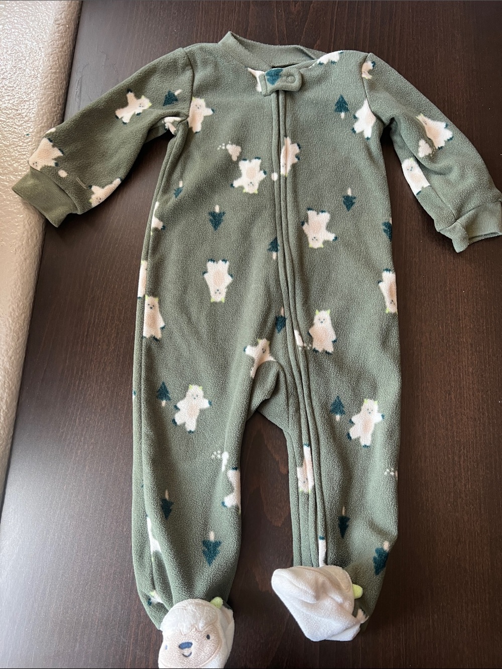 Plush Polar Bear Print Olive Green Kids One-Piece
